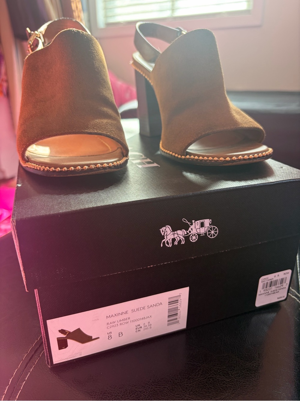 Coach Raw Umber Suede Open-Toe Slingback Heels with Studded Trim